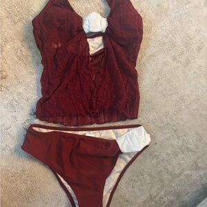 Cupshe Burgundy and White Lace Swim Set, never worn.